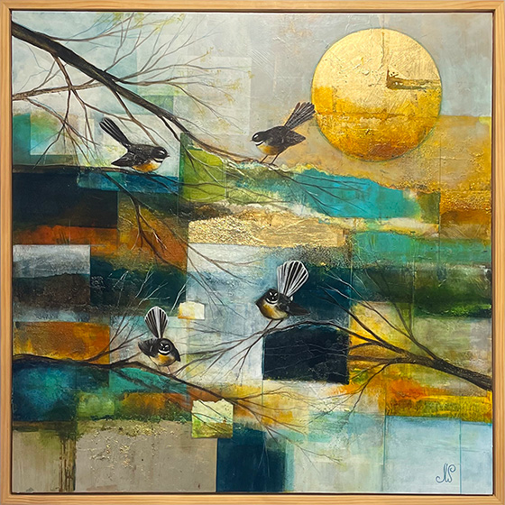 Julie Whyman artist, acrylic and gold leaf, fantails and landscape